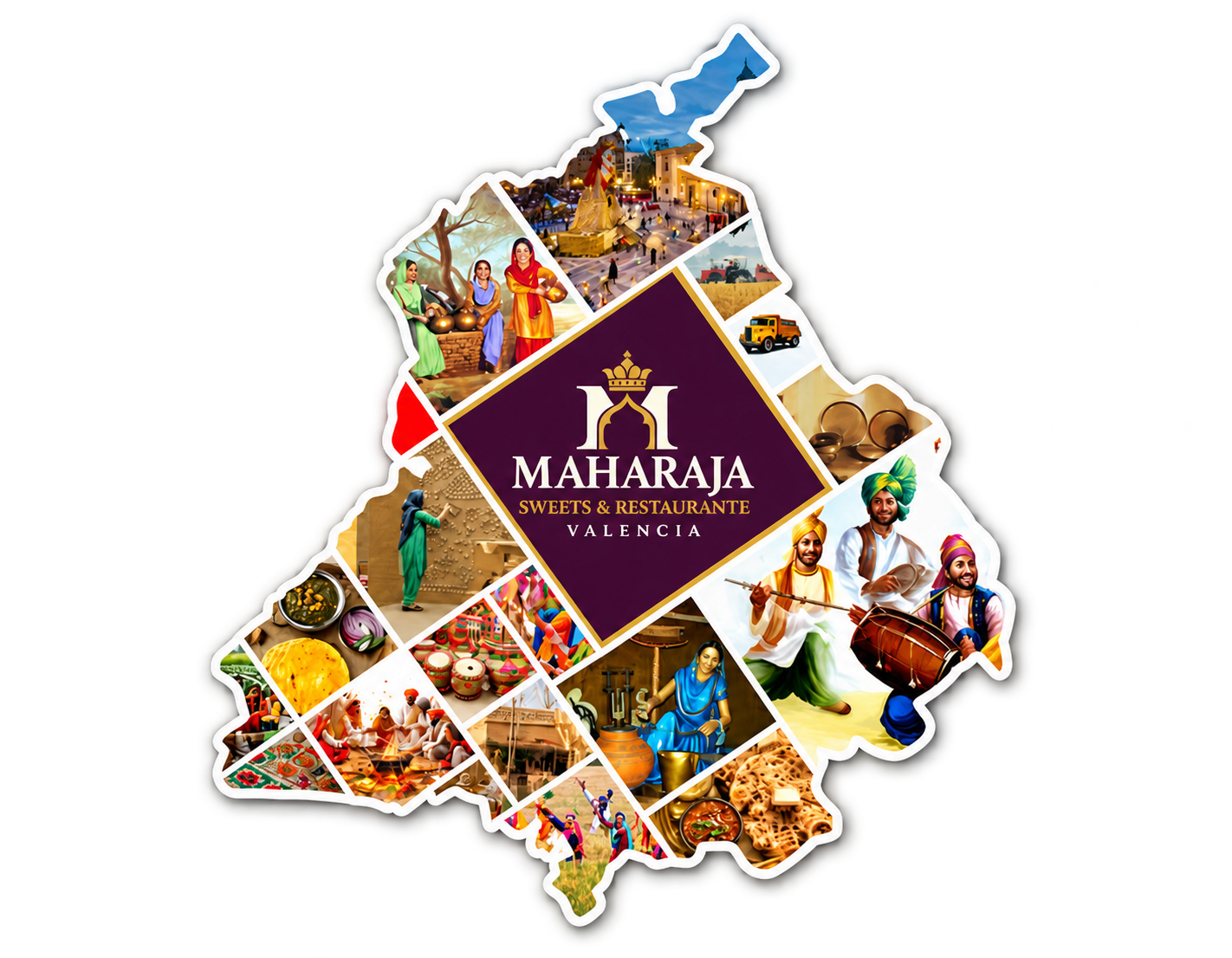 Collage del patrimonio de Punjab con gastronomía, música y cultura tradicionales y el logotipo de Maharaja Valencia